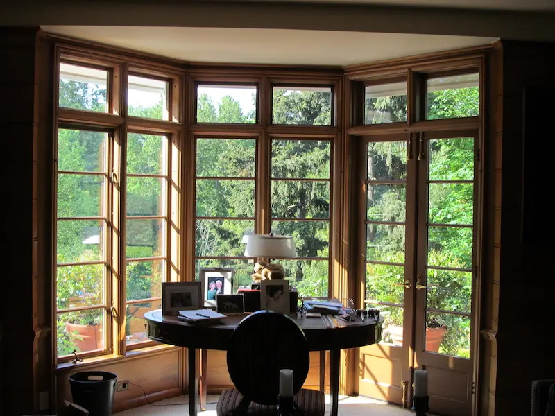 Interior view of custom divided-lite wood bay windows